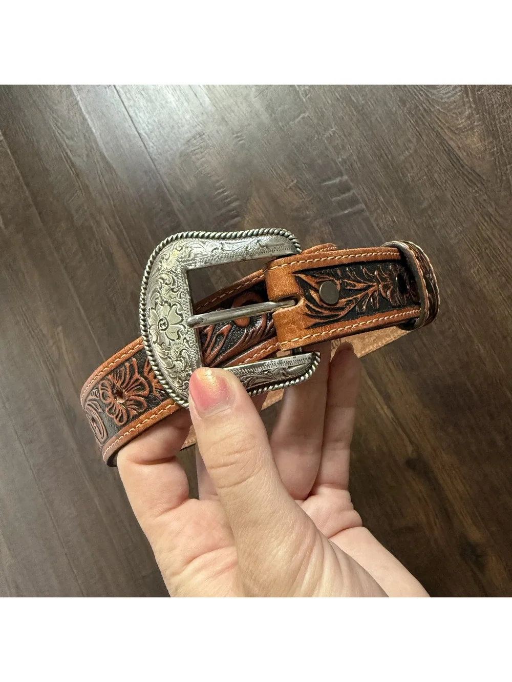 Tony Lama Kids Size 20 Brown Floral Tooled Leather Western Cowboy Belt USA